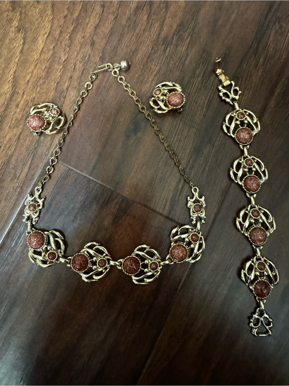 Vintage Gold-Tone Necklace, Bracelet & Earrings with Brown Glitter Stones